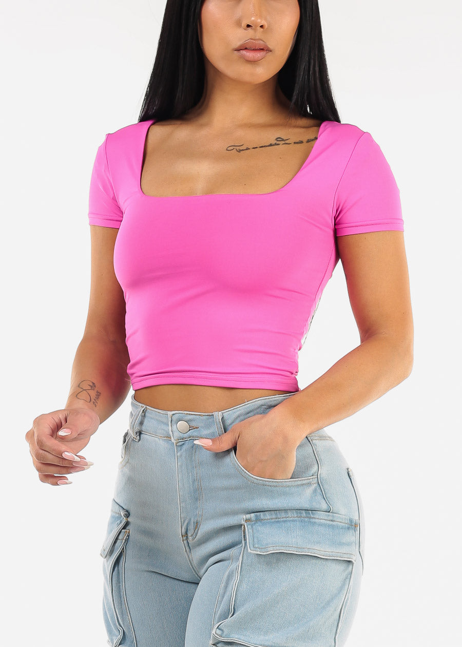 Double Layered Square Neck Crop Top Fuchsia