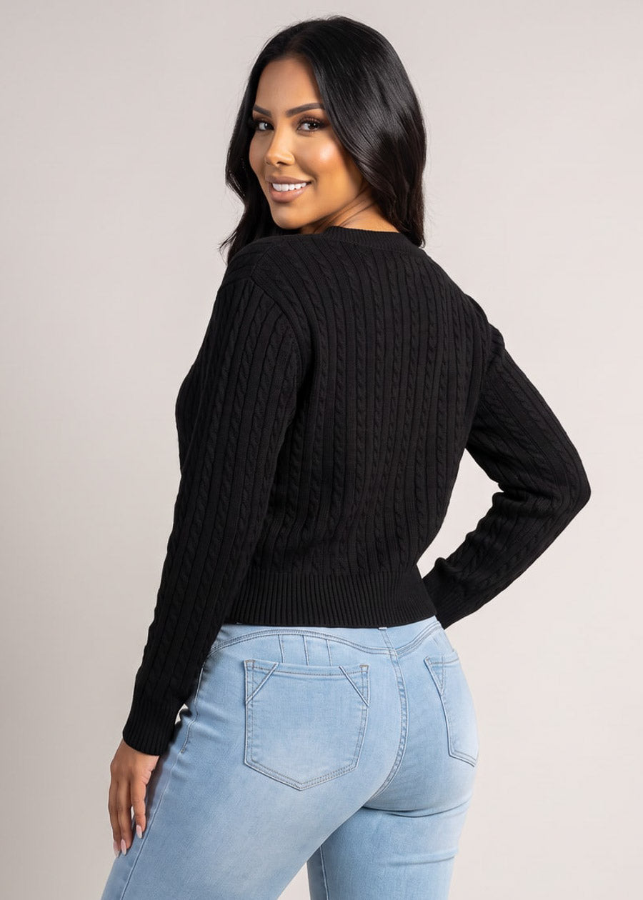 Vneck Long Sleeve Cable Knit Sweater Black, view 2 of 2