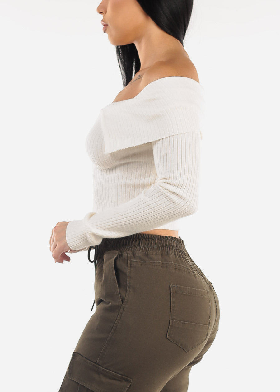 Zip Up Off Shoulder White Ribbed Sweater