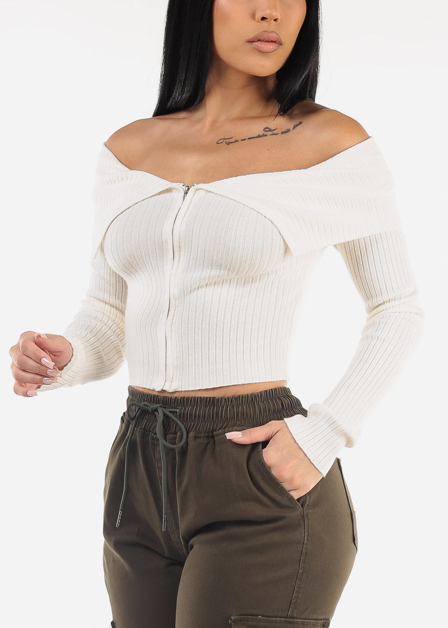 Zip Up Off Shoulder White Ribbed Sweater