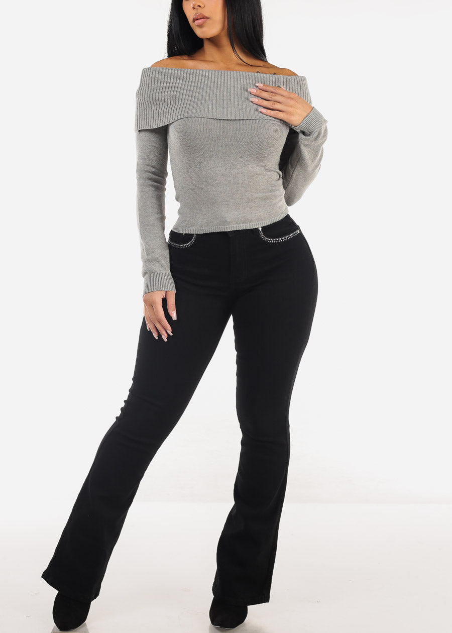 Off Shoulder Ribbed Sweater Top Grey