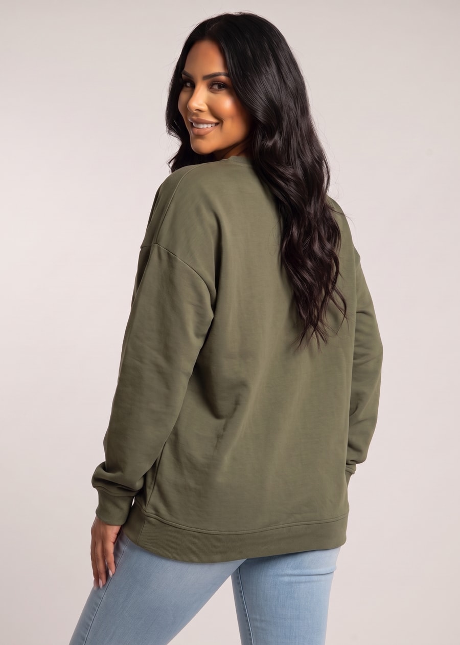 Long Sleeve Crewneck Fleece Oversized Sweatshirt Olive, view 2 of 4