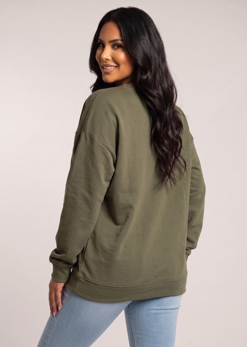 Long Sleeve Crewneck Fleece Oversized Sweatshirt Olive