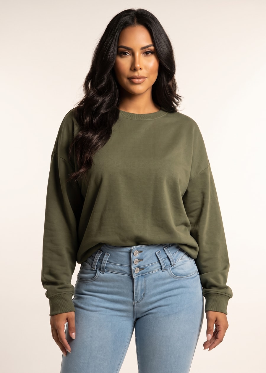 Long Sleeve Crewneck Fleece Oversized Sweatshirt Olive, view 3 of 4