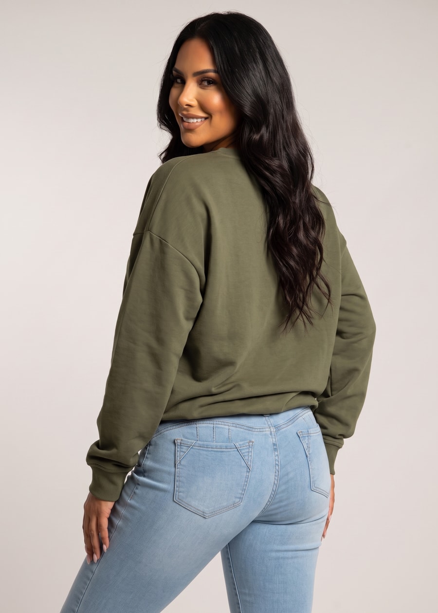 Long Sleeve Crewneck Fleece Oversized Sweatshirt Olive, view 4 of 4