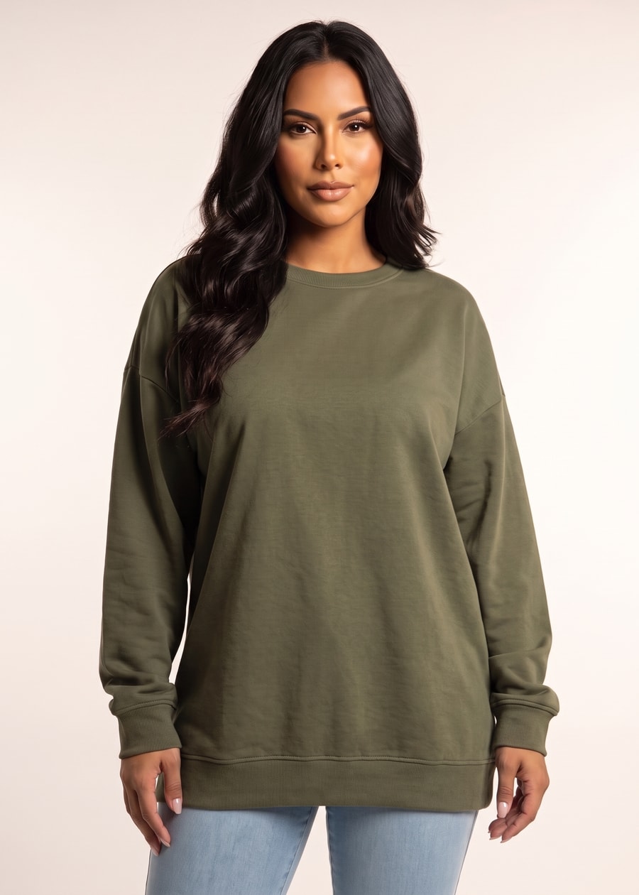 Long Sleeve Crewneck Fleece Oversized Sweatshirt Olive, view 1 of 4