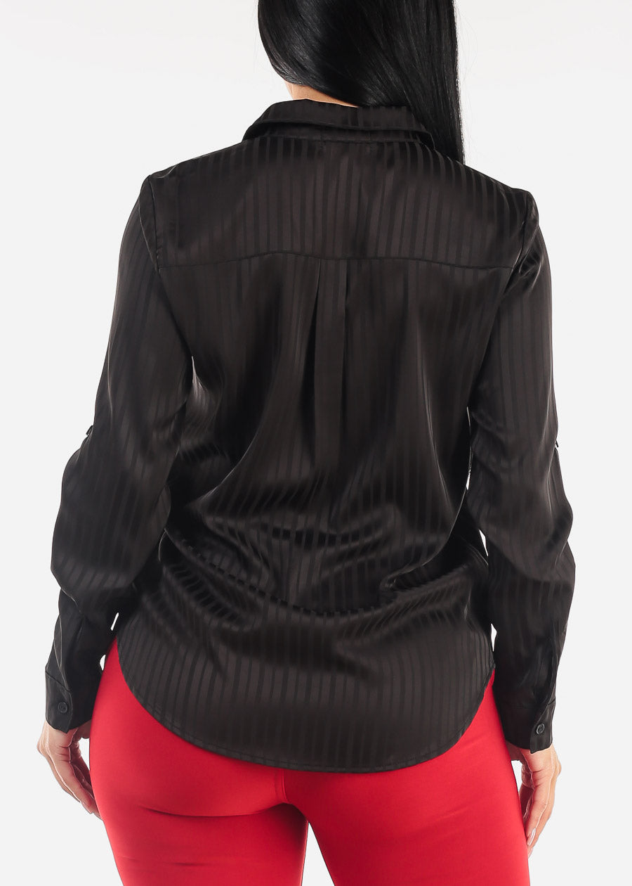 Long Sleeve Button Down Satin Stripe Blouse Black