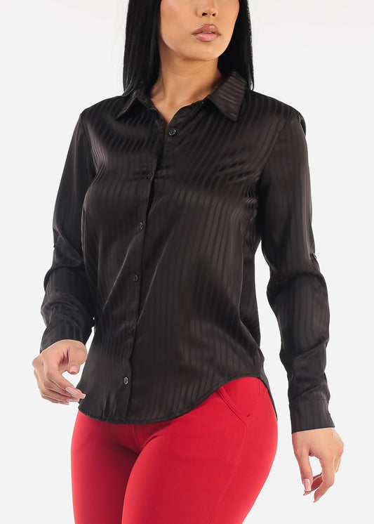 Long Sleeve Button Down Satin Stripe Blouse Black