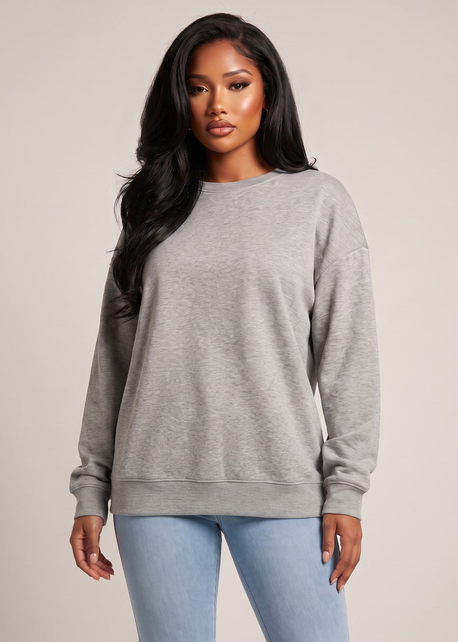 Long Sleeve Crewneck Fleece Oversized Sweatshirt Heather Grey, view 3 of 4