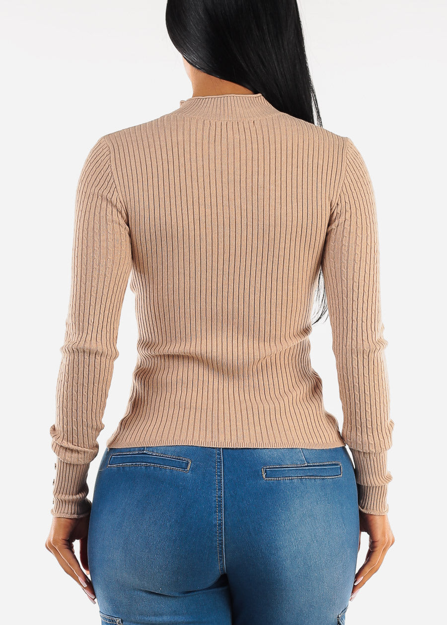 Fitted Long Sleeve Rib Knit Sweater Khaki