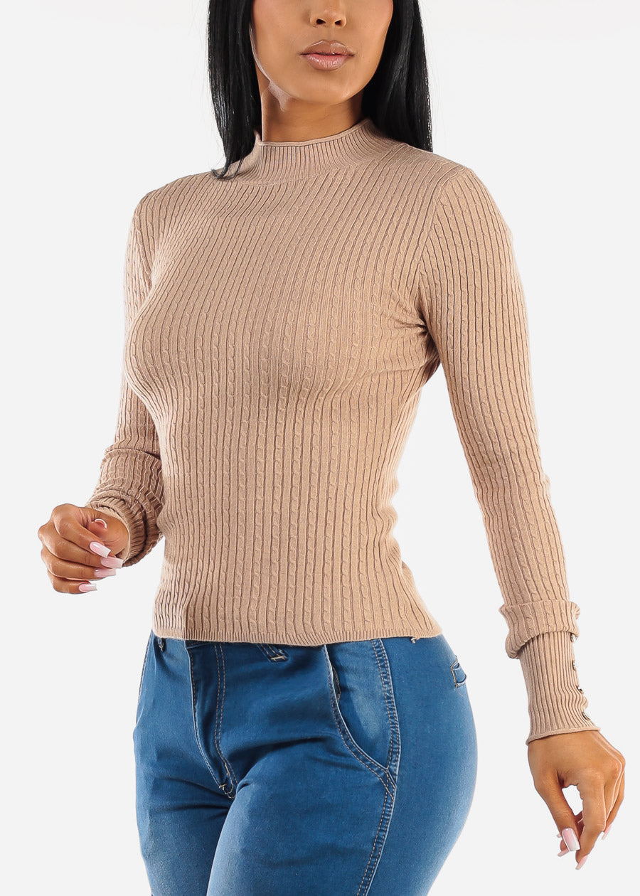 Fitted Long Sleeve Rib Knit Sweater Khaki