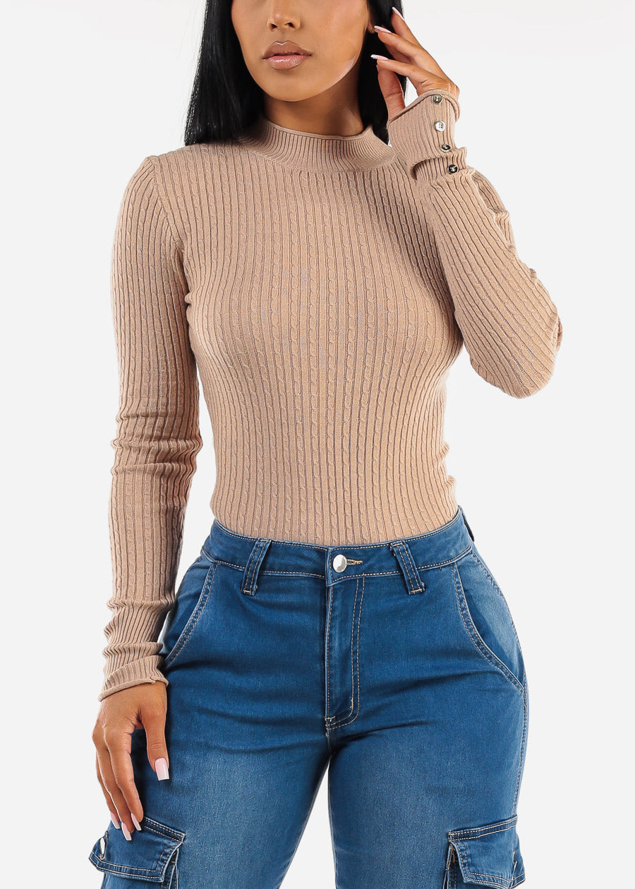 Fitted Long Sleeve Rib Knit Sweater Khaki