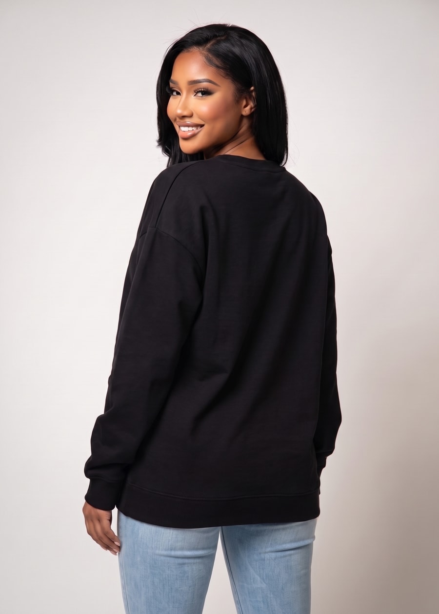 Long Sleeve Crewneck Fleece Oversized Sweatshirt Black, view 2 of 4
