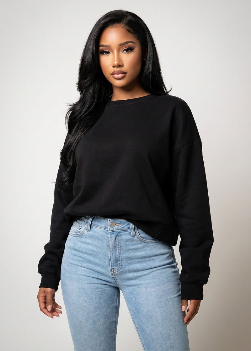 Long Sleeve Crewneck Fleece Oversized Sweatshirt Black