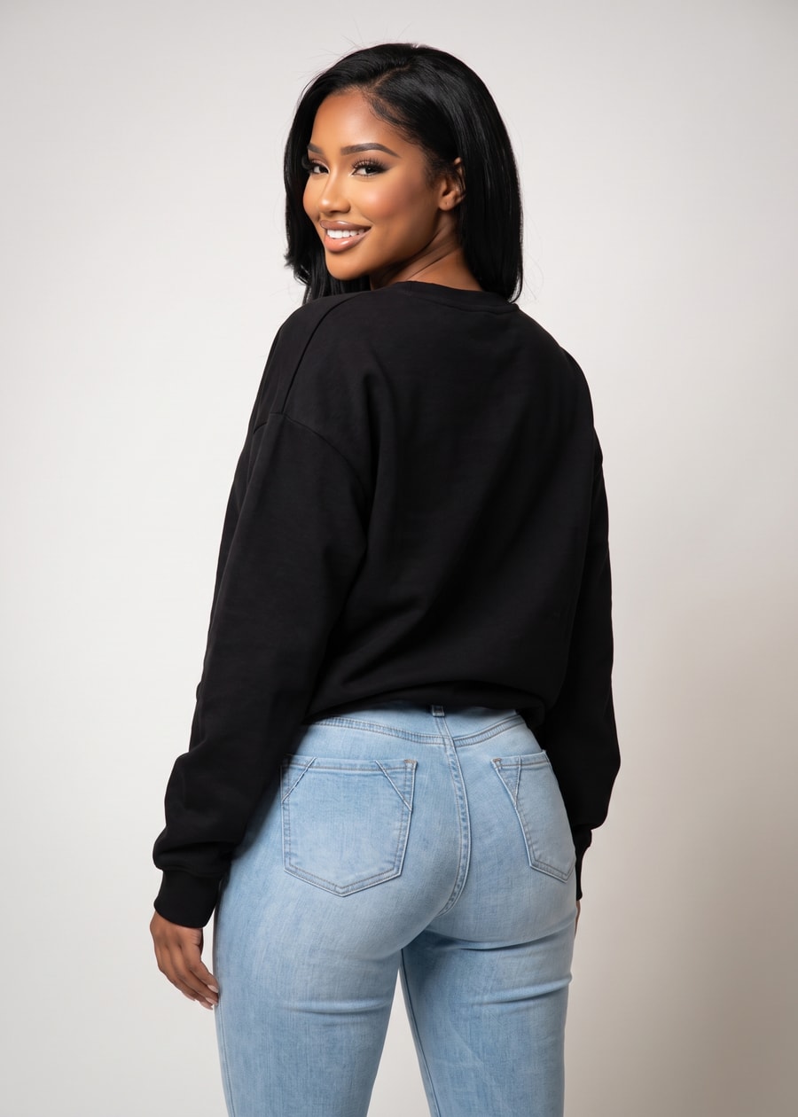 Long Sleeve Crewneck Fleece Oversized Sweatshirt Black, view 4 of 4