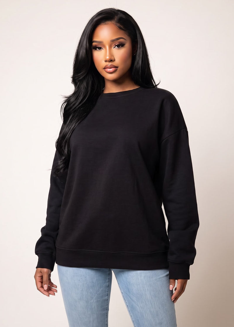 Long Sleeve Crewneck Fleece Oversized Sweatshirt Black