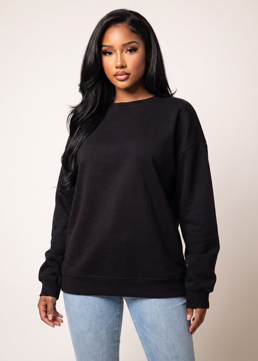 Long Sleeve Crewneck Fleece Oversized Sweatshirt Black