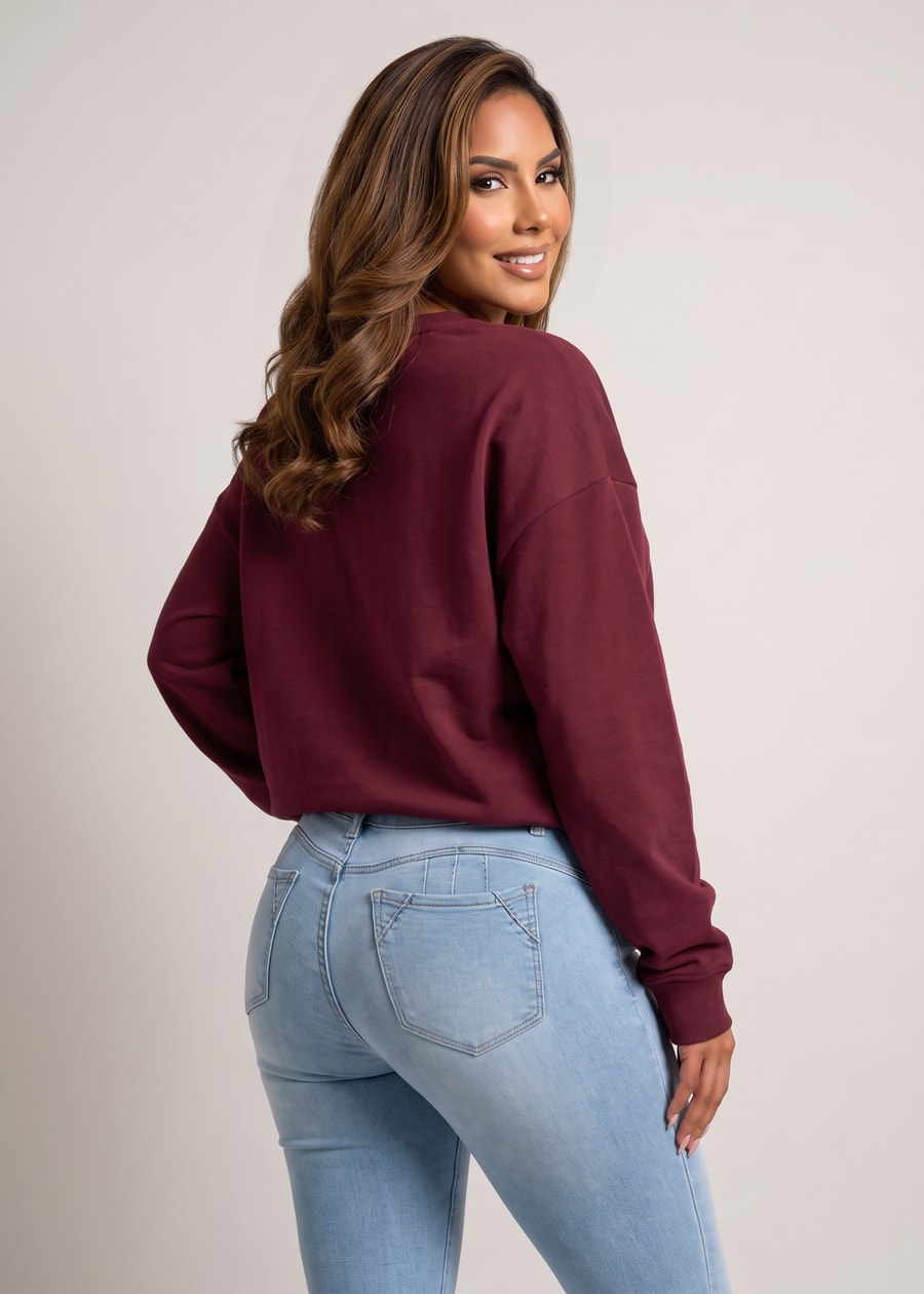 Long Sleeve Crewneck Fleece Oversized Sweatshirt Burgundy, view 2 of 4