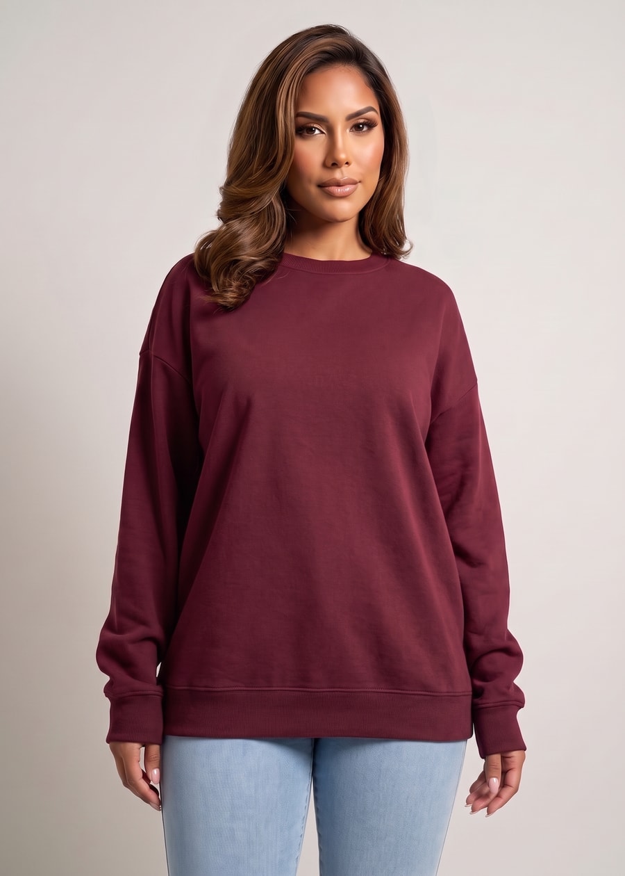 Long Sleeve Crewneck Fleece Oversized Sweatshirt Burgundy, view 3 of 4