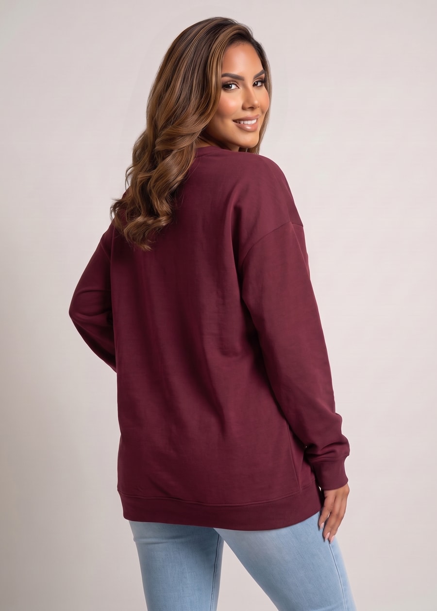 Long Sleeve Crewneck Fleece Oversized Sweatshirt Burgundy, view 4 of 4