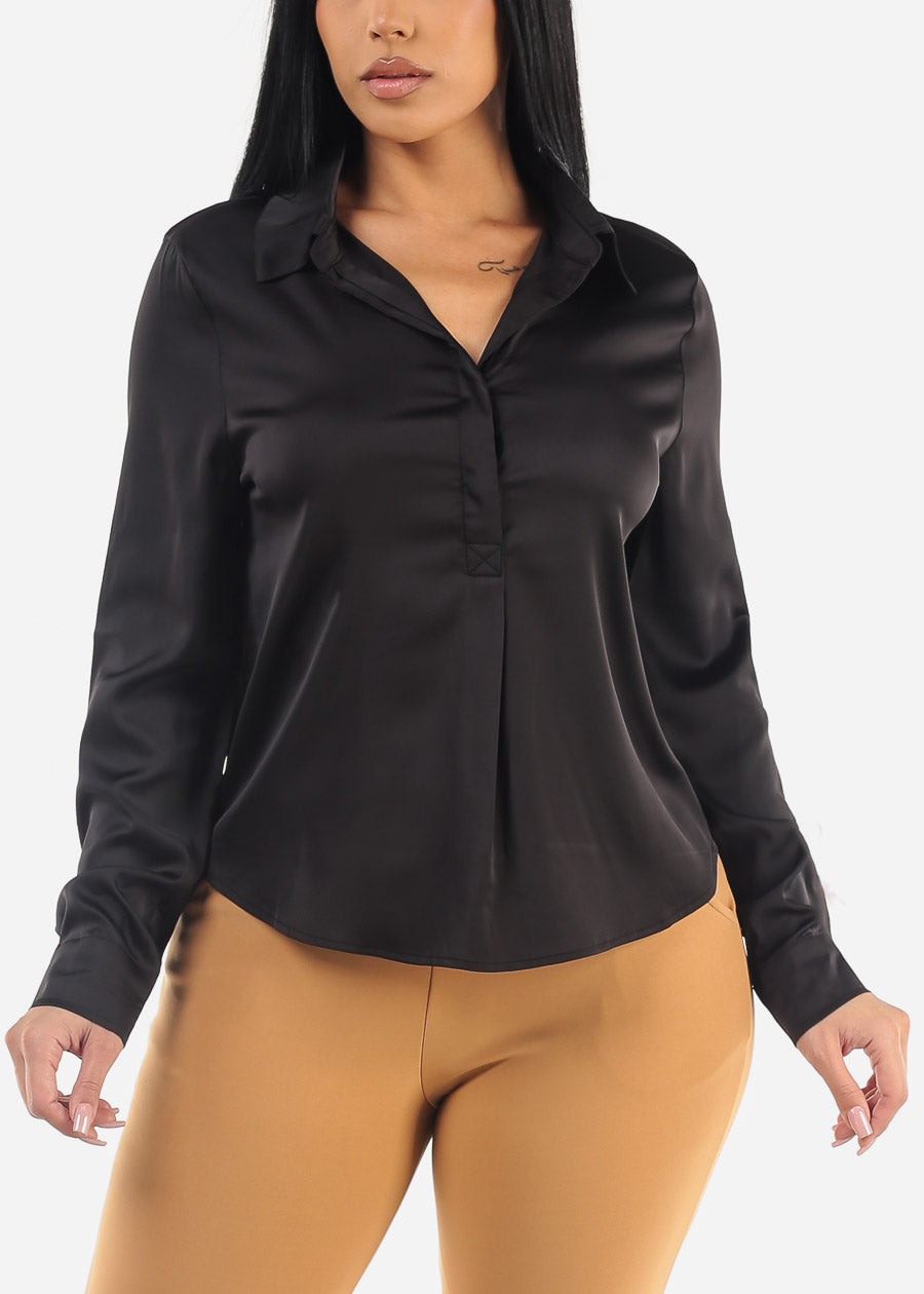 Long Sleeve Half Button Up Satin Blouse Black