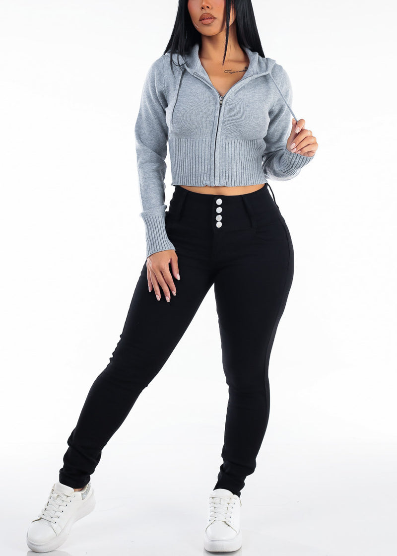 Long Sleeve Zip Up Cropped Knit Hoodie Grey