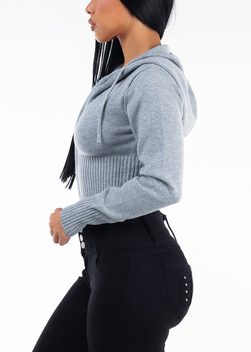 Long Sleeve Zip Up Cropped Knit Hoodie Grey