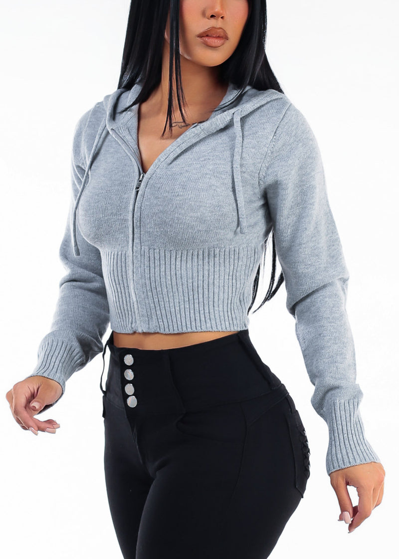 Long Sleeve Zip Up Cropped Knit Hoodie Grey