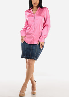 Long Sleeve Button Down Satin Tunic Shirt Hot Pink