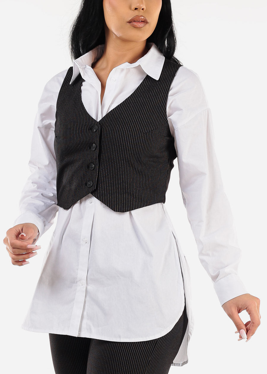 Sleeveless Button Up Stripe Vest Black