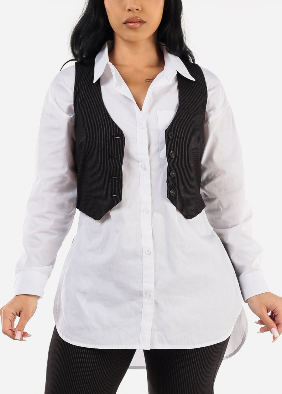 Sleeveless Button Up Stripe Vest Black