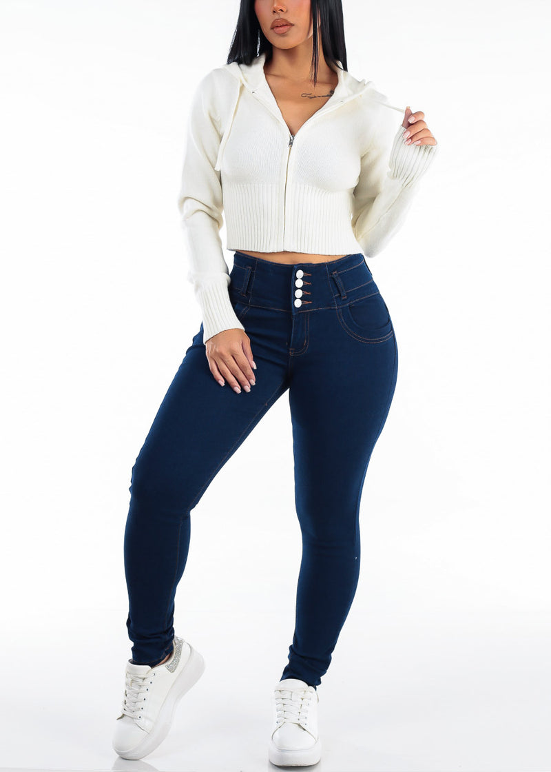 Long Sleeve Zip Up Cropped Knit Hoodie Ivory