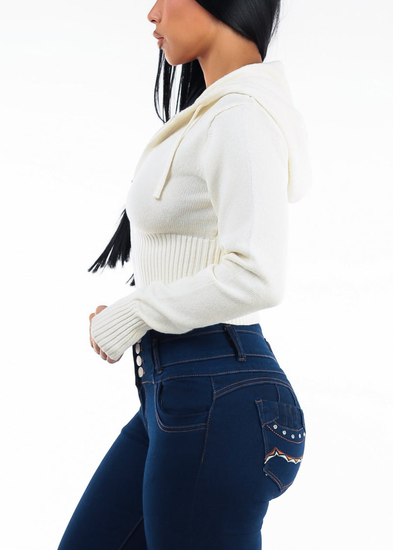 Long Sleeve Zip Up Cropped Knit Hoodie Ivory