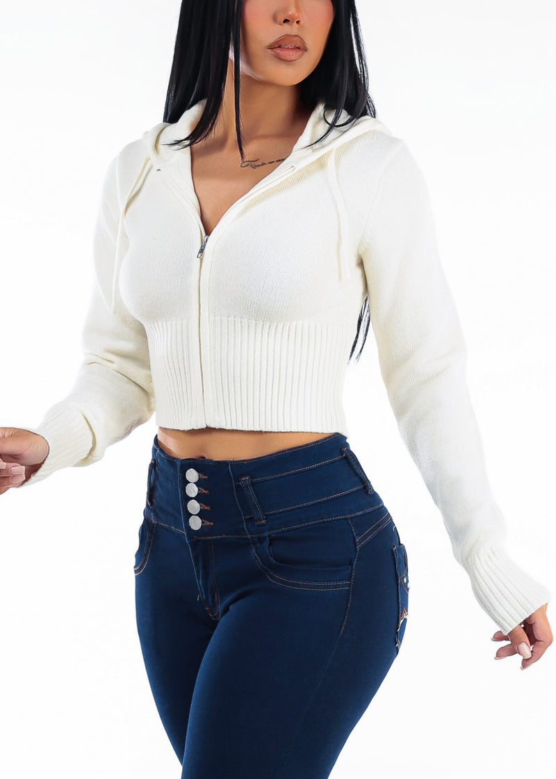 Long Sleeve Zip Up Cropped Knit Hoodie Ivory