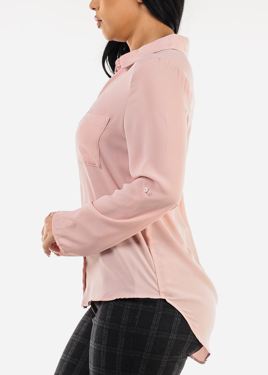 Long Sleeve Button Up Chiffon Blouse Light Pink