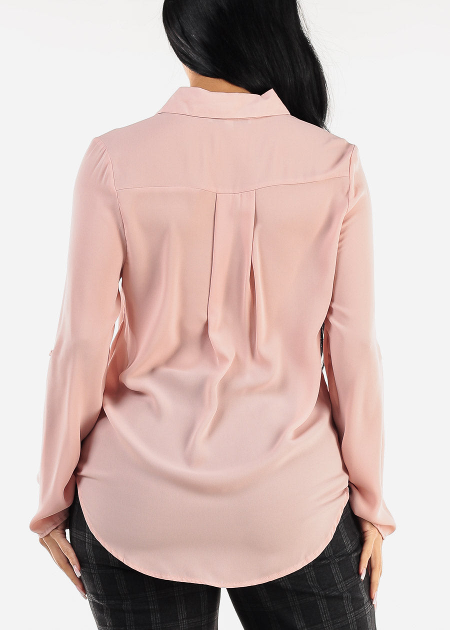 Long Sleeve Button Up Chiffon Blouse Light Pink