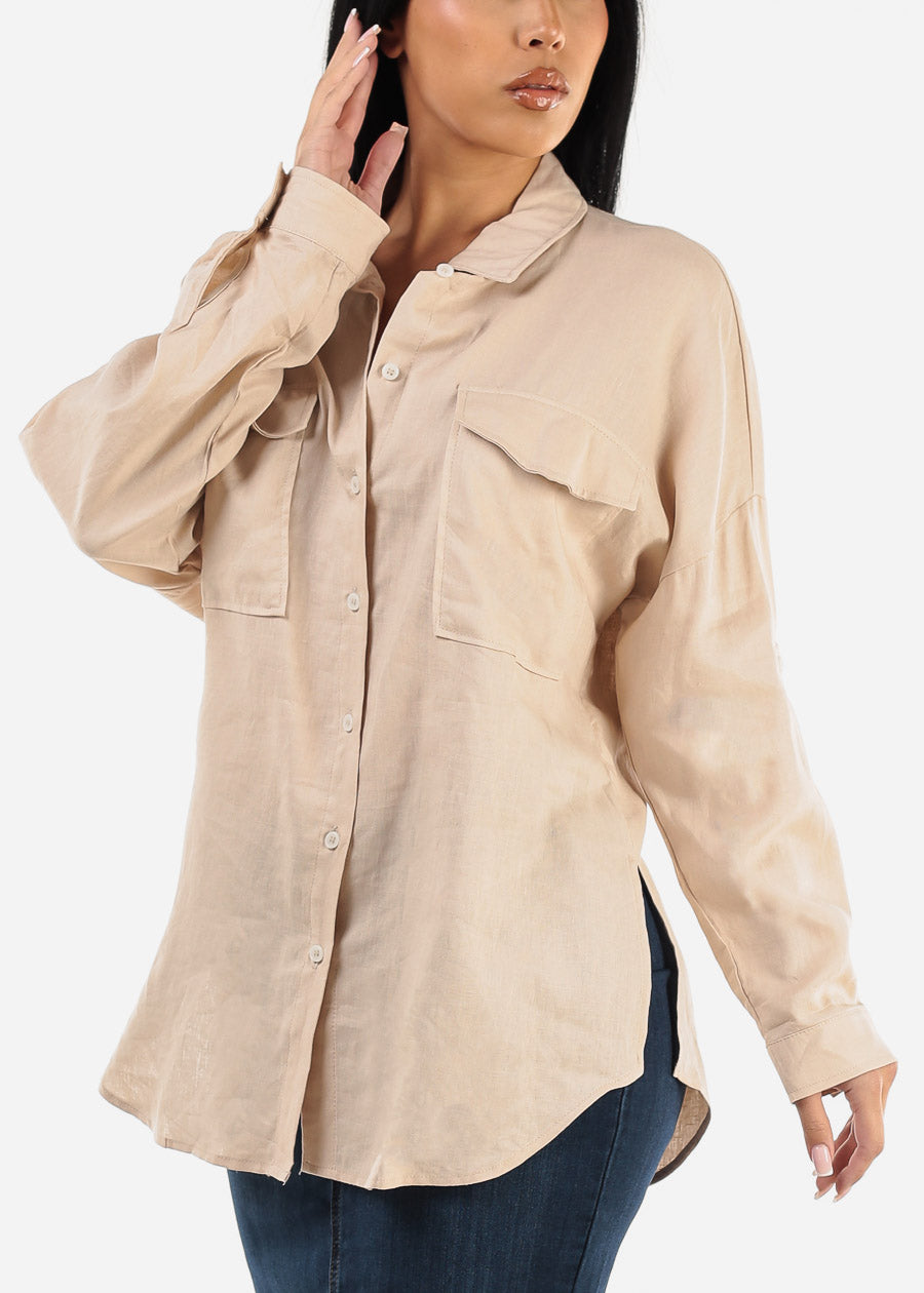 Khaki Linen Oversized Button Down Shirt