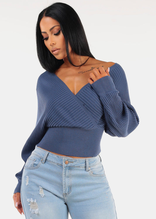 Long Sleeve Surplice Knit Sweater Top Blue