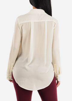 Long Sleeve Button Up Chiffon Shirt Ivory