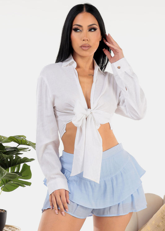 Linen Long Sleeve Front Tie White Crop Top