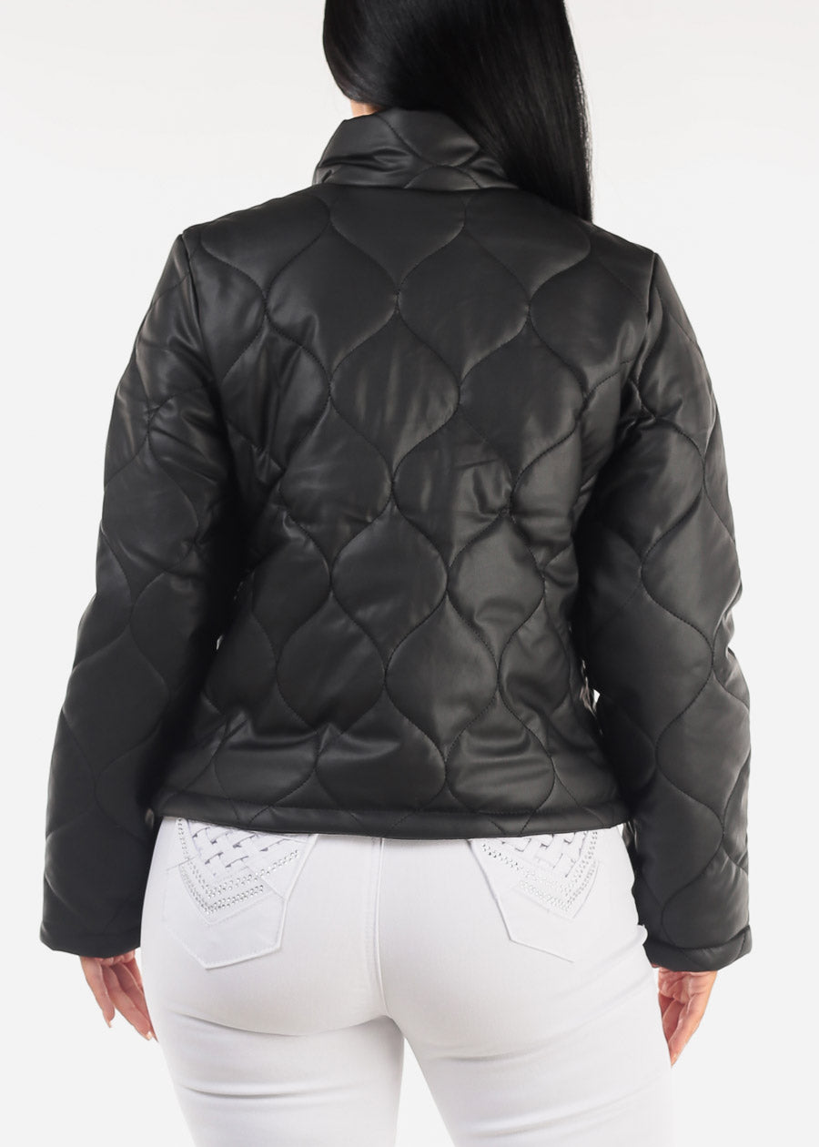 Mock Neck Quilted Puffer Jacket Black