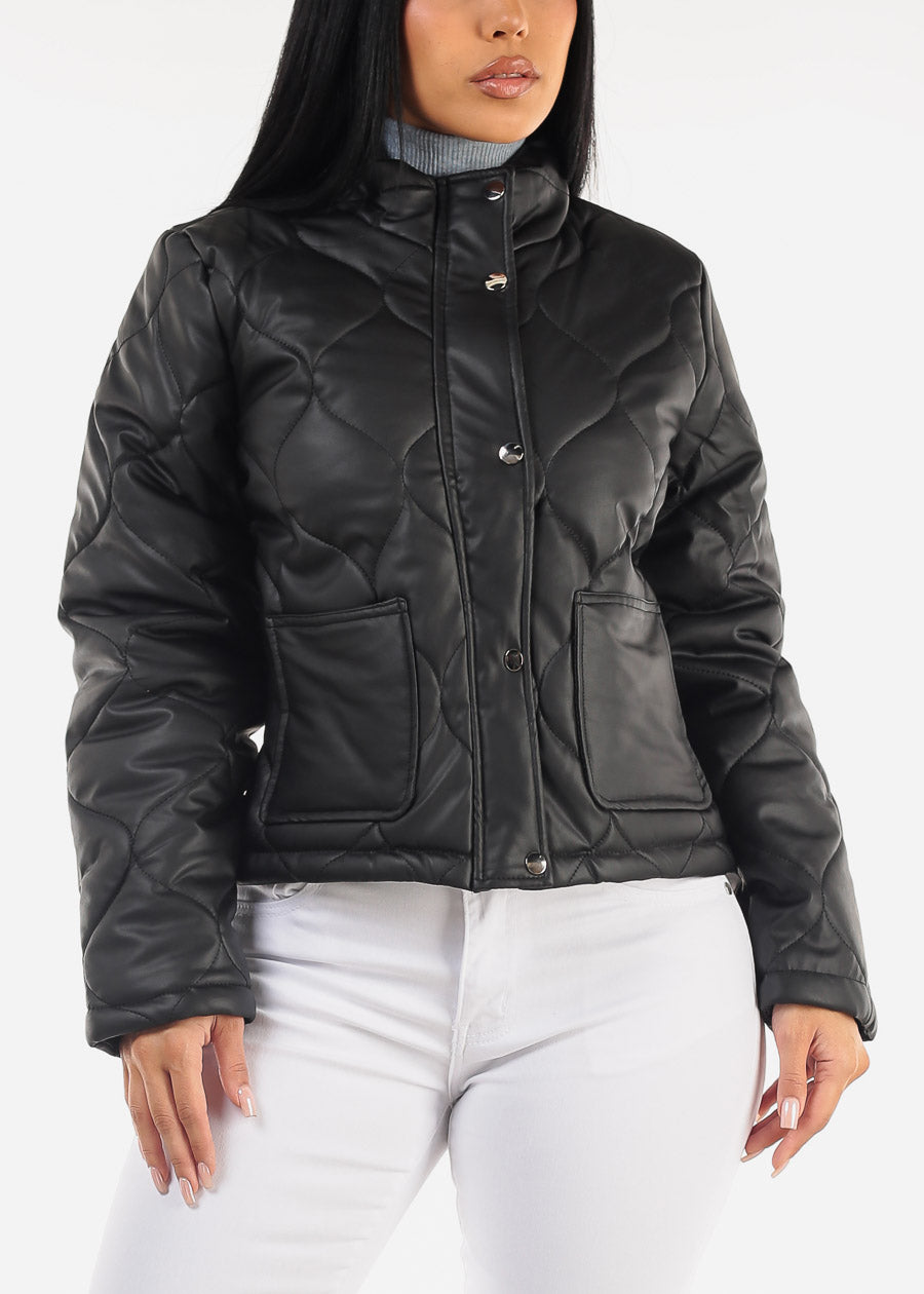 Mock Neck Quilted Puffer Jacket Black