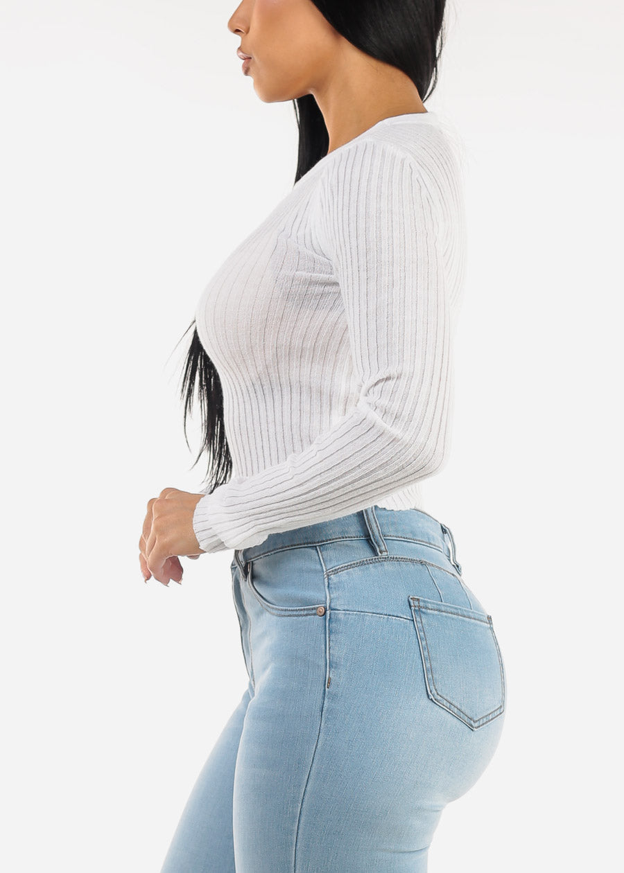 Long Sleeve White Ribbed Sweater Top