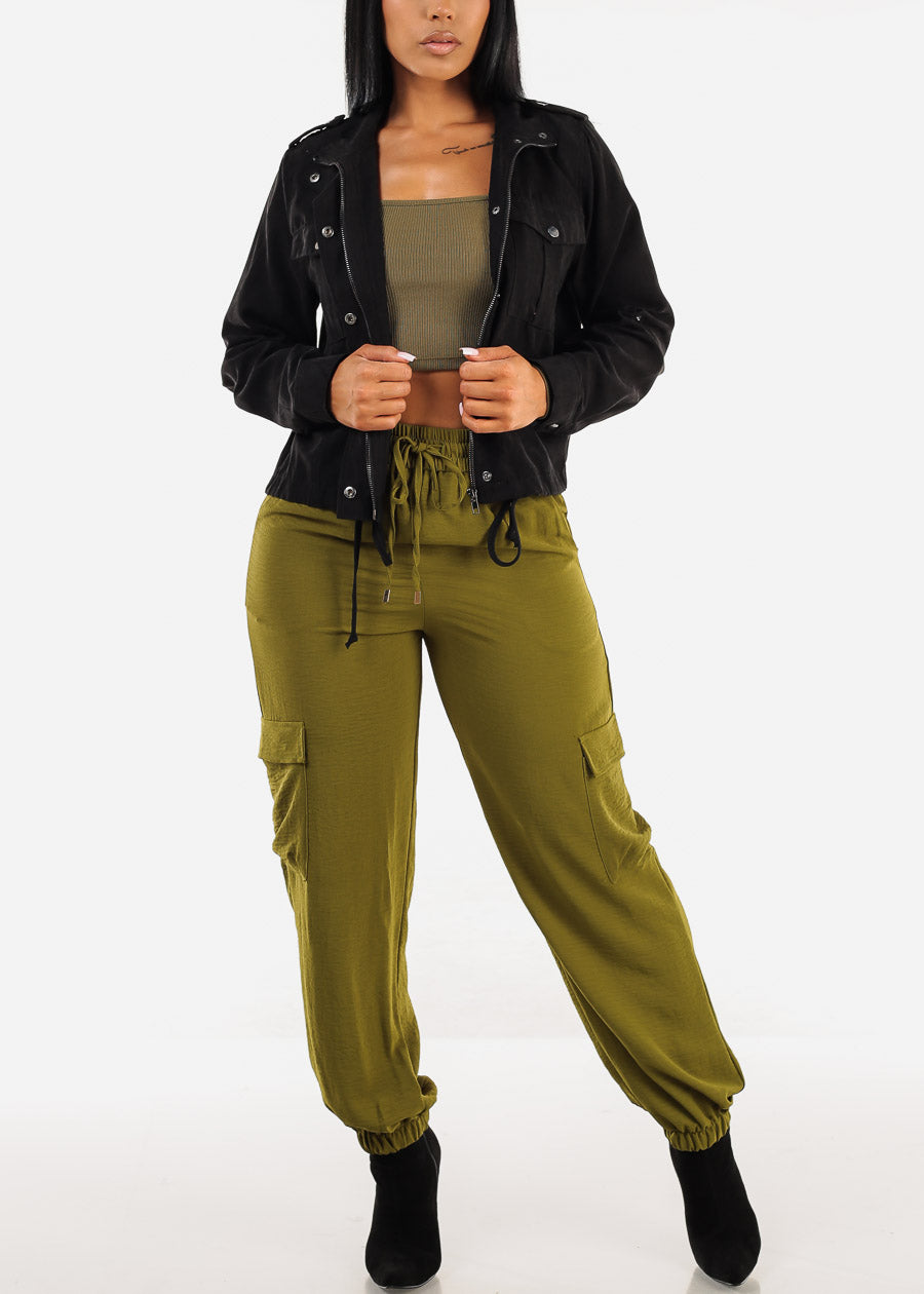 Super High Waist Cuffed Cargo Jogger Pants Olive