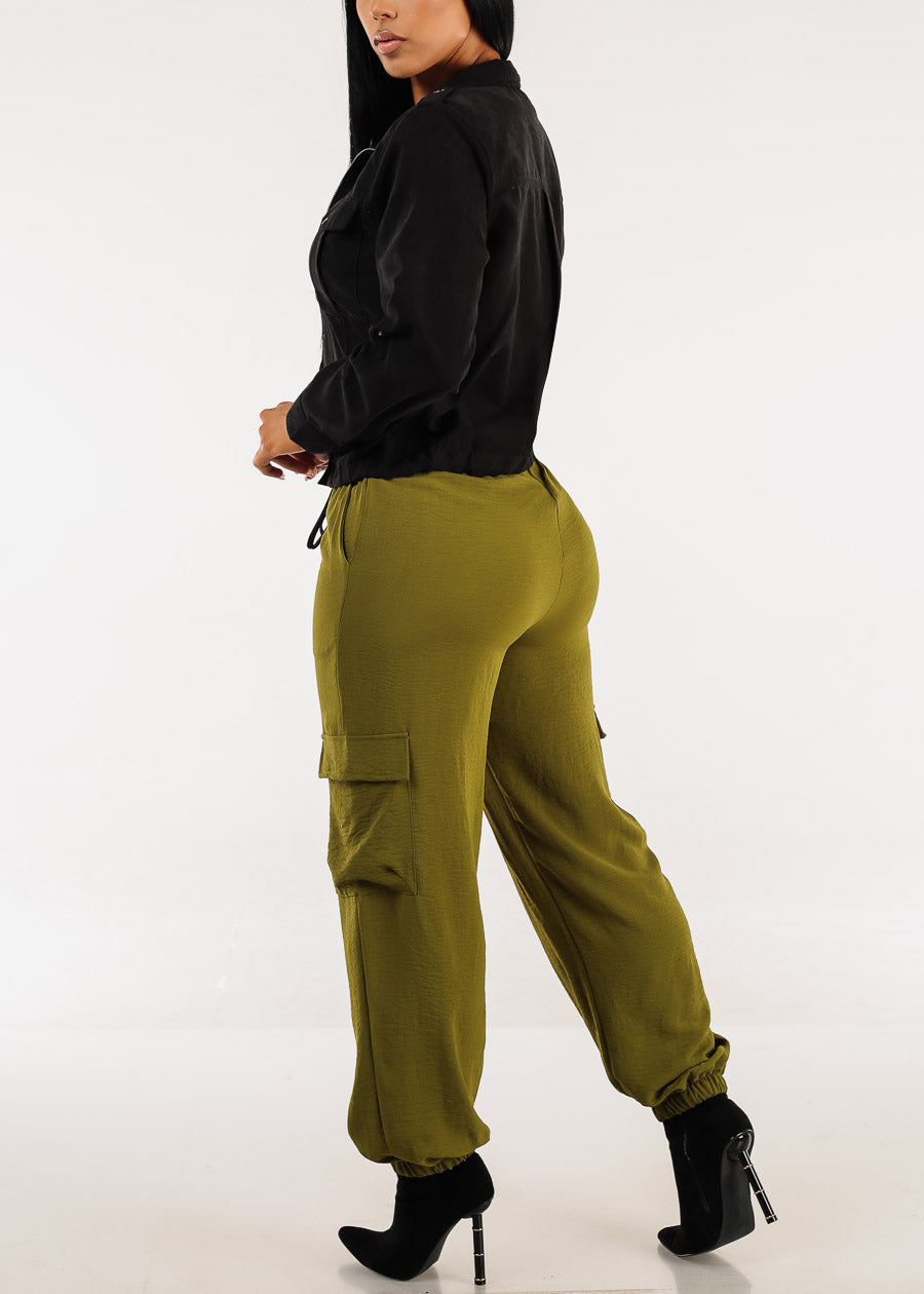 Super High Waist Cuffed Cargo Jogger Pants Olive