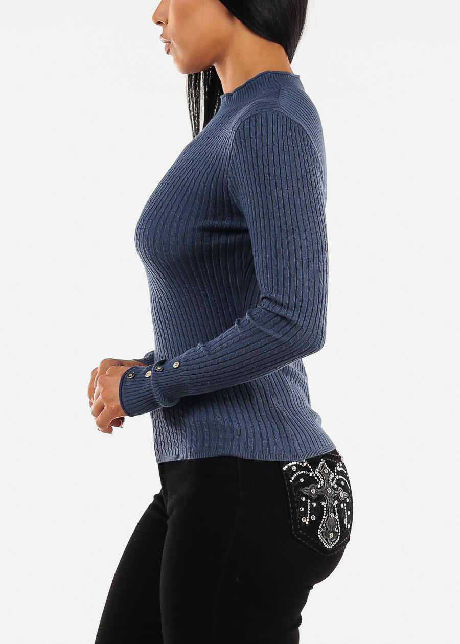 Fitted Long Sleeve Rib Knit Sweater Teal