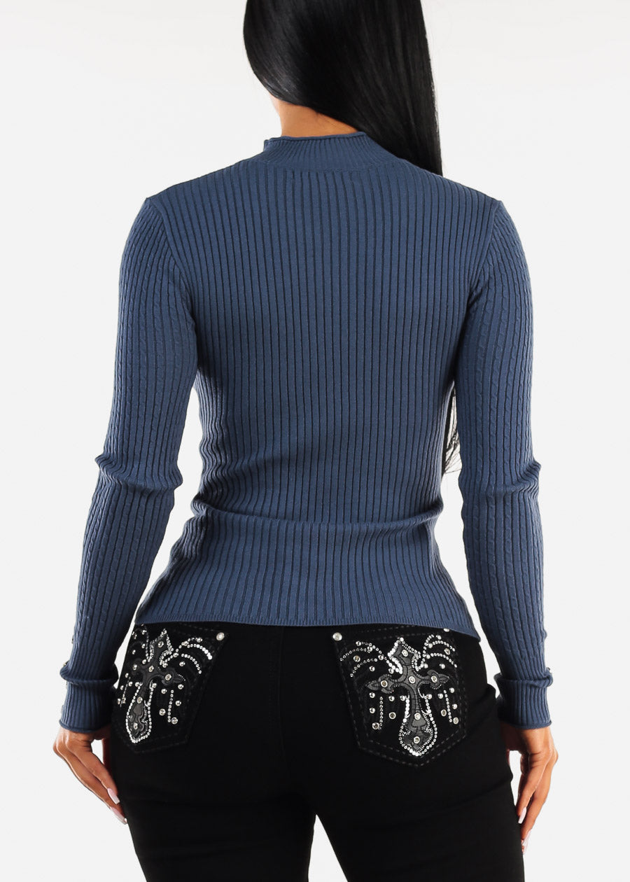 Fitted Long Sleeve Rib Knit Sweater Teal