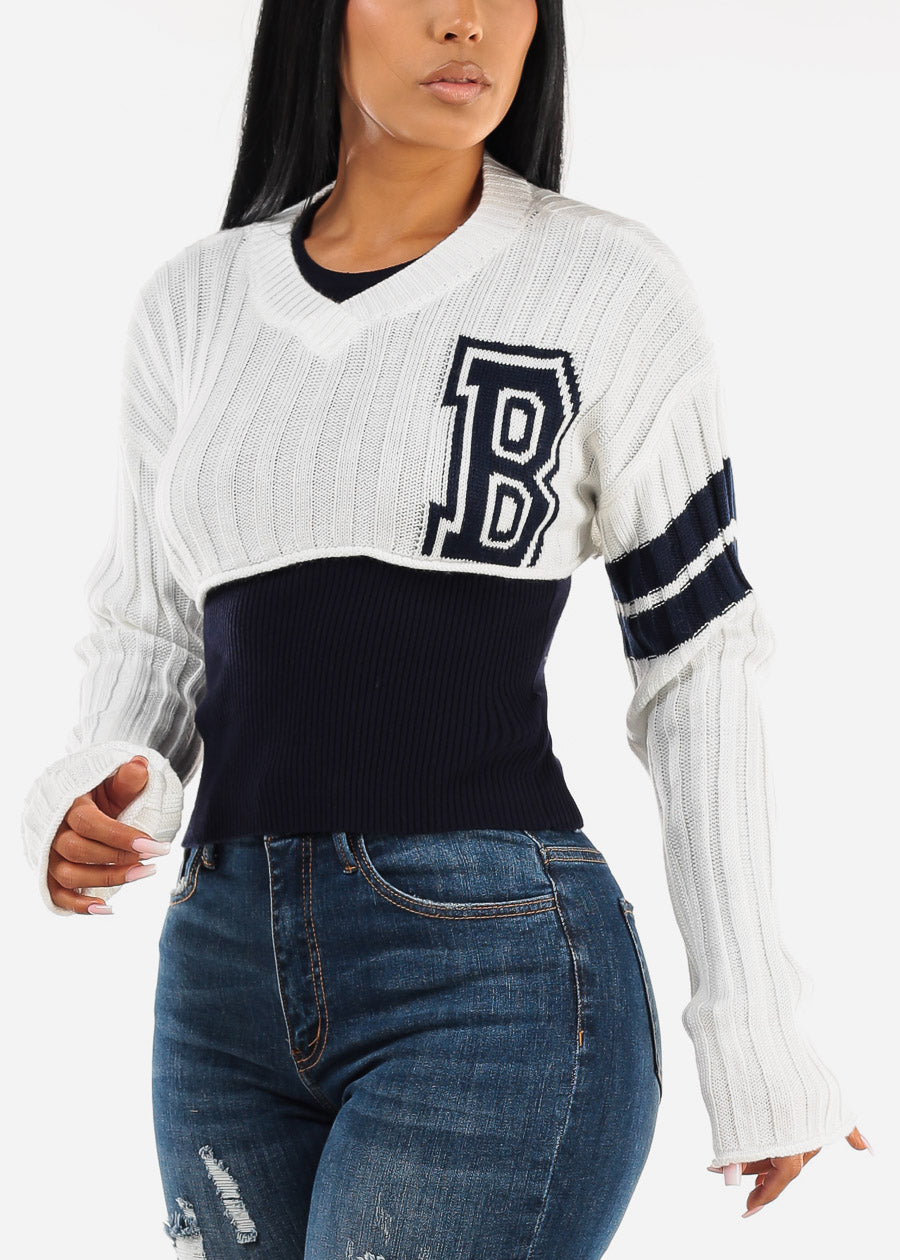 Long Sleeve Varsity Crop Knit Sweater White