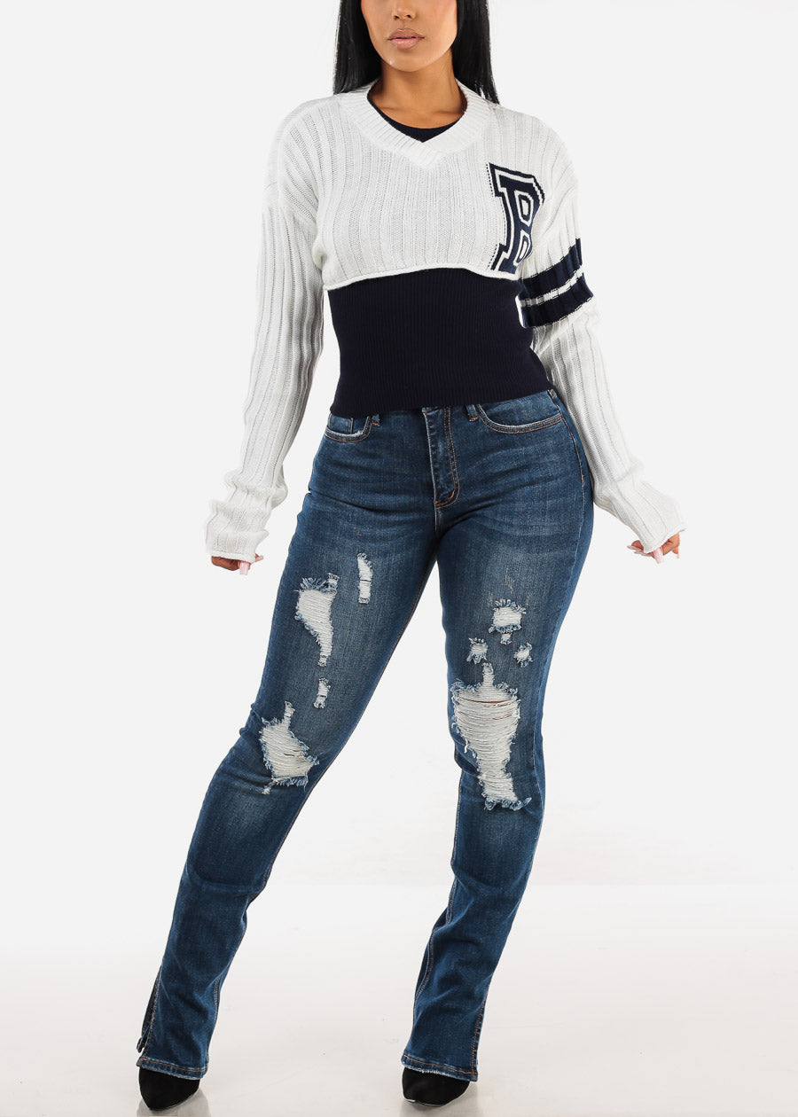 Long Sleeve Varsity Crop Knit Sweater White