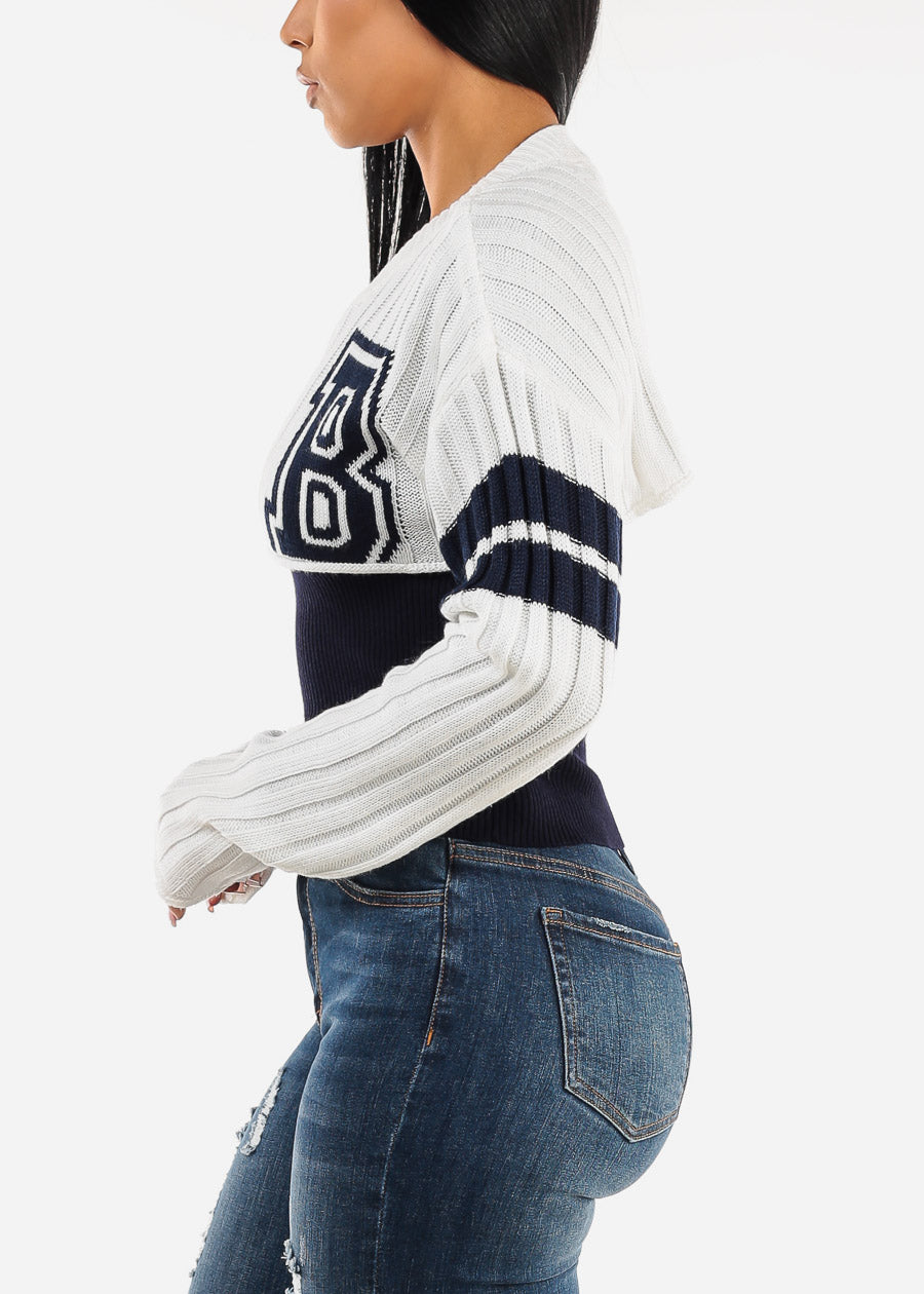 Long Sleeve Varsity Crop Knit Sweater White